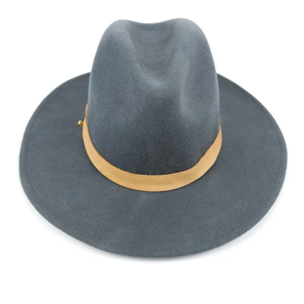 A LACK OF COLOR Rocco Wool Fedora Western Cowgirl Boho Hat Gray Tan Leather 57cm